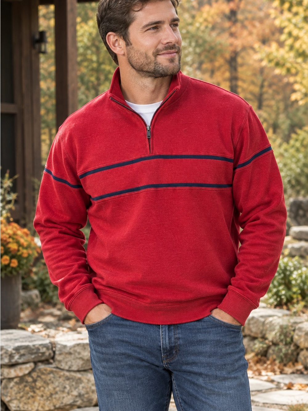 Arrow Men's Quarter Zip w Navy Stripes